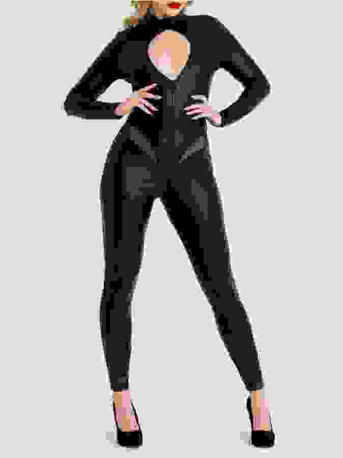 Lovehoney Fierce Black Wet Look Zip-Around Cut-Out Catsuit, Black, hi-res